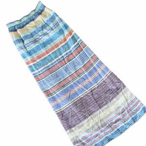 Vintage 70s Stripe Blue Green Orange Yellow Maxi Skirt w Pockets Size 4